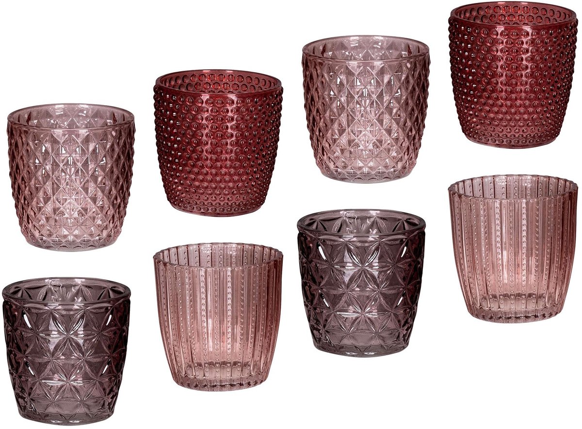 Famanu – Set van 8 glazen windlichten, 7,5 cm hoog, roze theelichthouders, retro kaarsenhouders voor tafeldecoratie