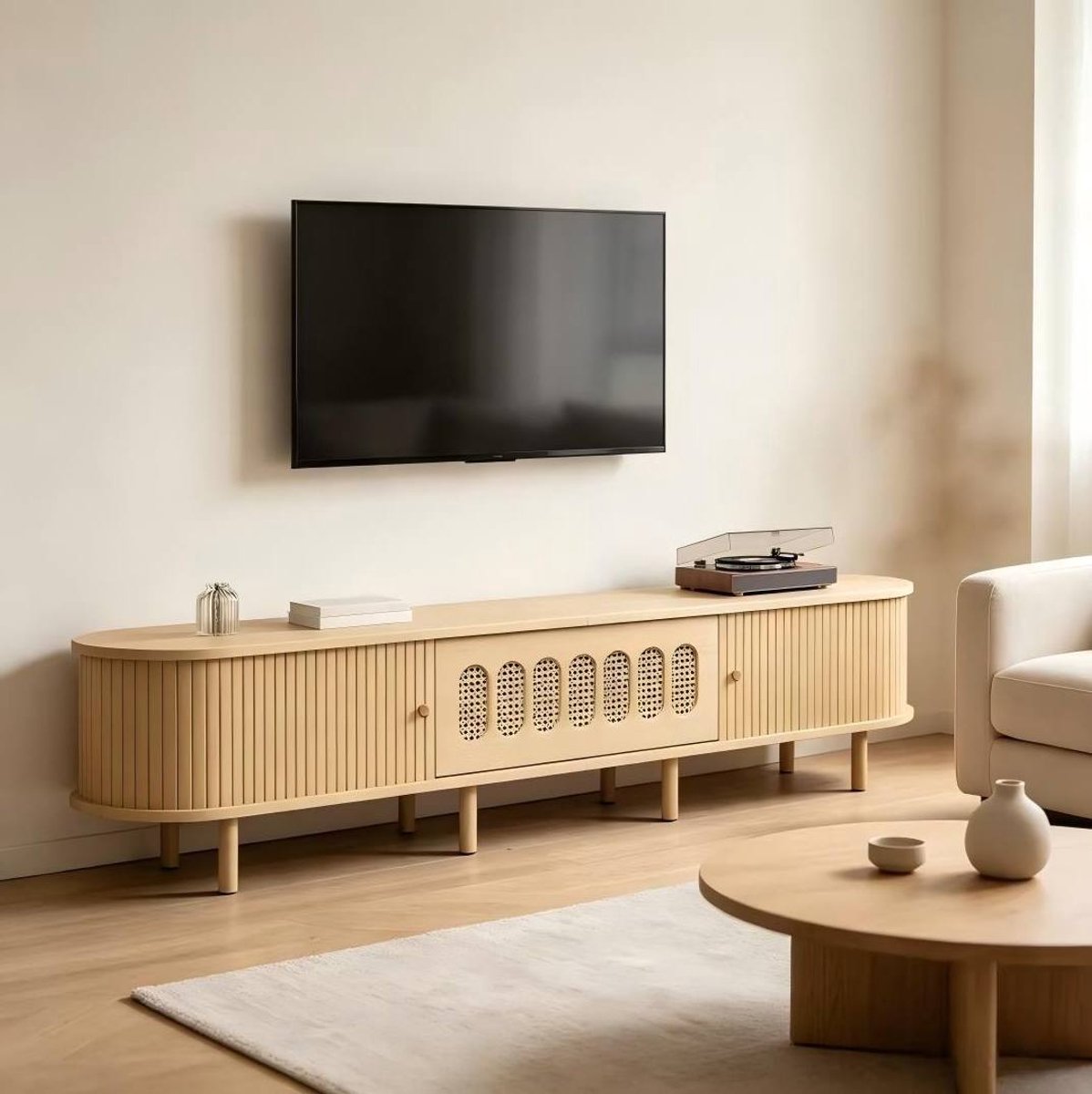 MIVRAY Tv Meubel - Lichte Houttint Met Rattan Paneel En Roldeur - Voor Woonkamer En Interieur - MDF - 180x40x40 Cm Natural