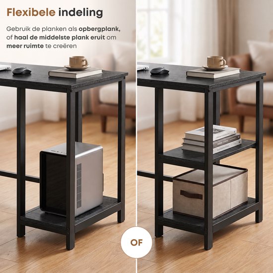 Zwart bureau met flexibele opbergplanken.