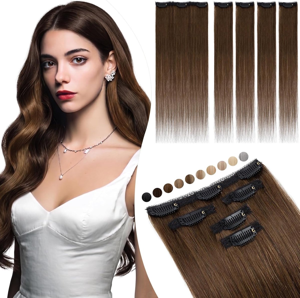 Elailite Clip in Extensions Echthaar Silk Lace in Tressen 5Stücke Haarverlängering Haardelen Onzichtbaar 42g 35cm voor - ShopVlot