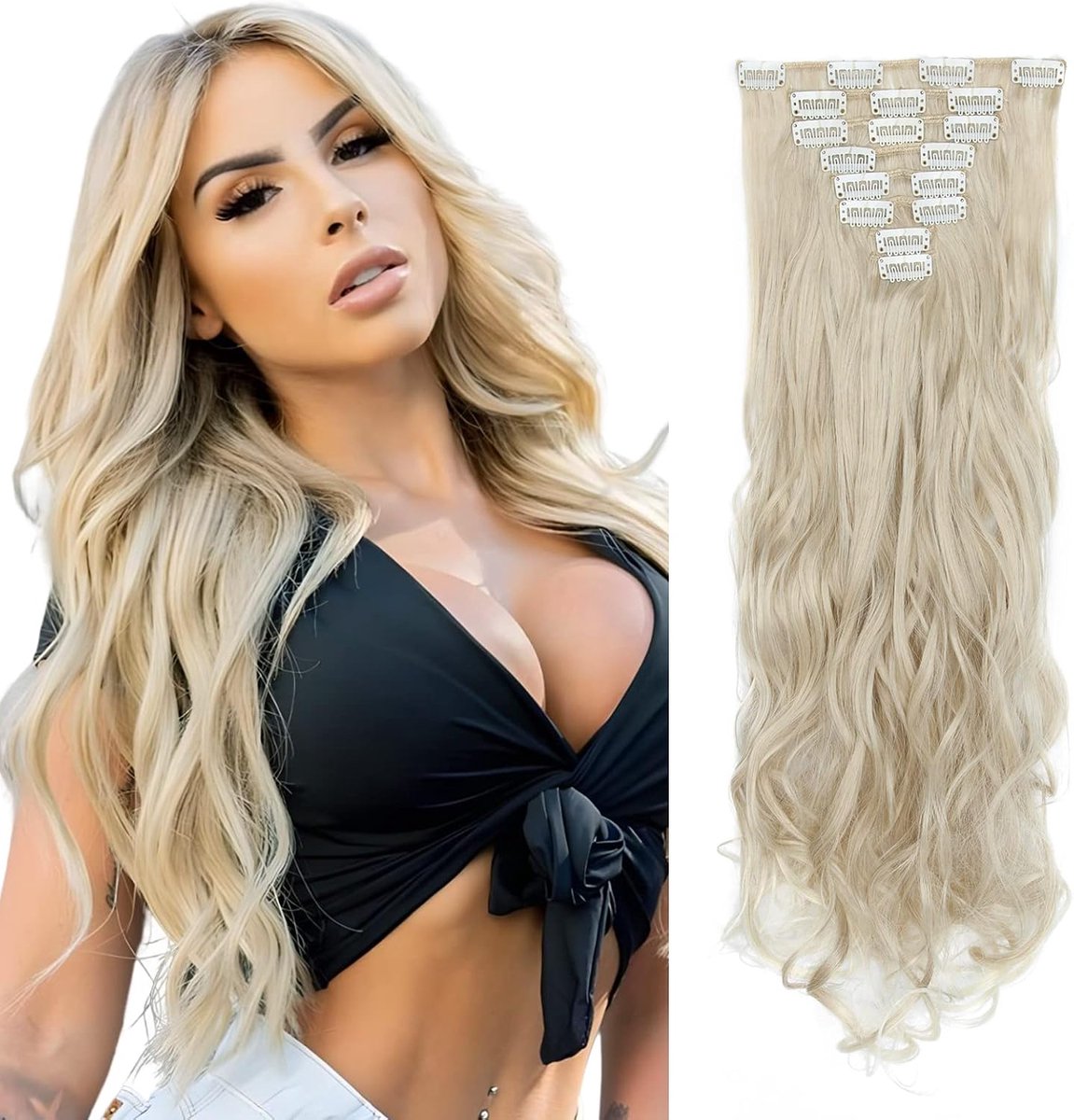 Elailite Clip-In Real Hair Extensions, 18 Clips, 18 Clips Hair Extensions, Washable Wavy Hair, 60 cm, 140 g, Ash - ShopVlot