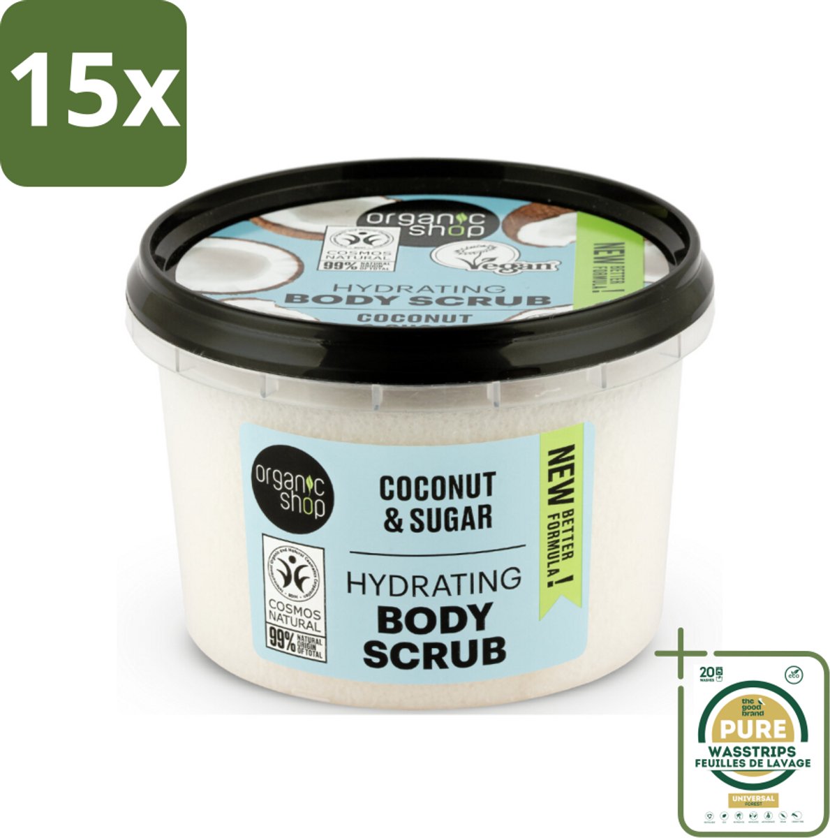 15 x Organic Shop - Hydrating Body Scrub Coconut - Diep Voedend - 250 ml - Grootverpakking - Suikerscrub - Huidverzorging - Kokosolie - Exfoliatie - Hydratatie