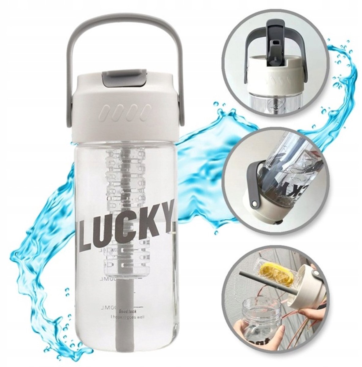 800ml waterfles met mandje en rietje - Lucky