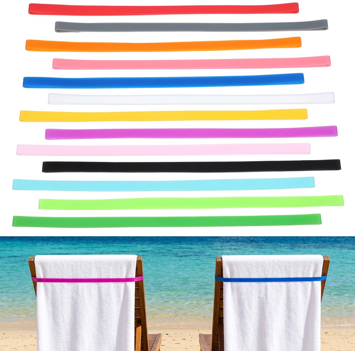 Handdoekbandjes 13 stuks - 30 cm - meerkleurig - voorkomt afglijden handdoeken - ShopVlot