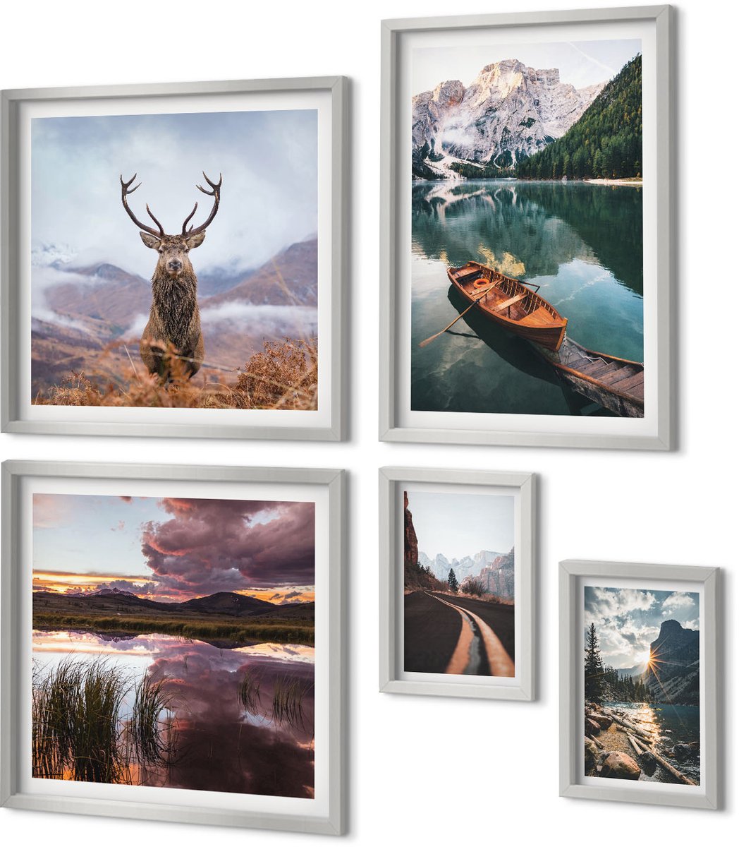 Coloray 5-Delige Schilderij Set - Bergmeer Lodz Zonsondergang Hert In De Natuur - 20 x 30 cm - Moderne Wanddecoratie - Woonkamer - Stijlvolle Muurdecoratie