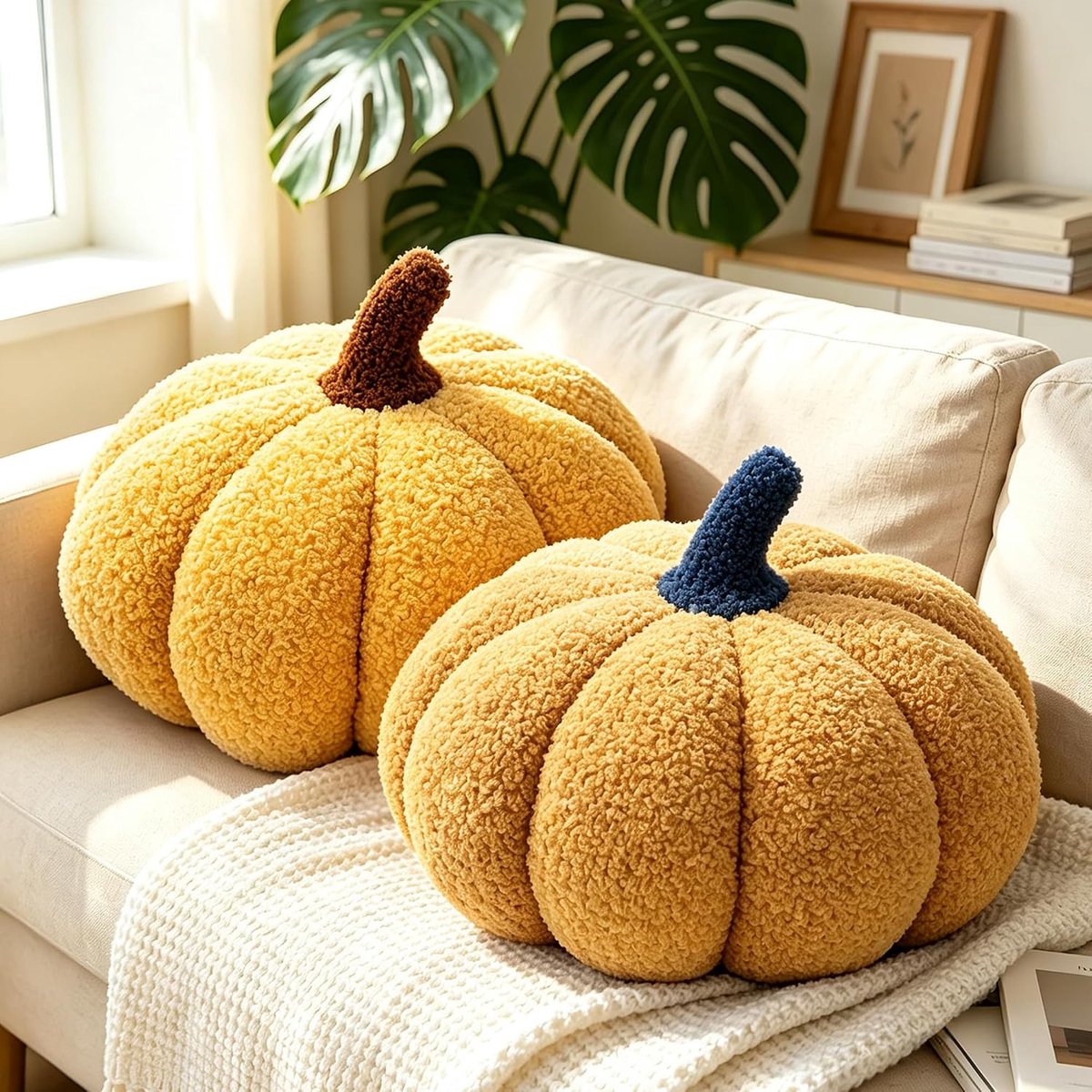 Pompoenkussen, 28 x 24 cm, decoratief kussen van pluche met pompoenmotief voor Halloween, herfst en woondecoratie - ShopVlot