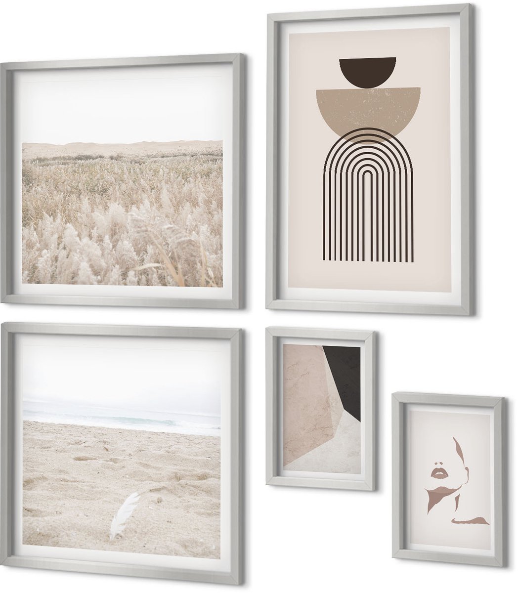 Coloray 5-Delige Schilderij Set - Abstracte Patronen In Tinten Wit En Bruin. - 20 x 30 cm - Wanddecoratie - Schilderijen Set - Interieur - Moderne Wanddecoratie