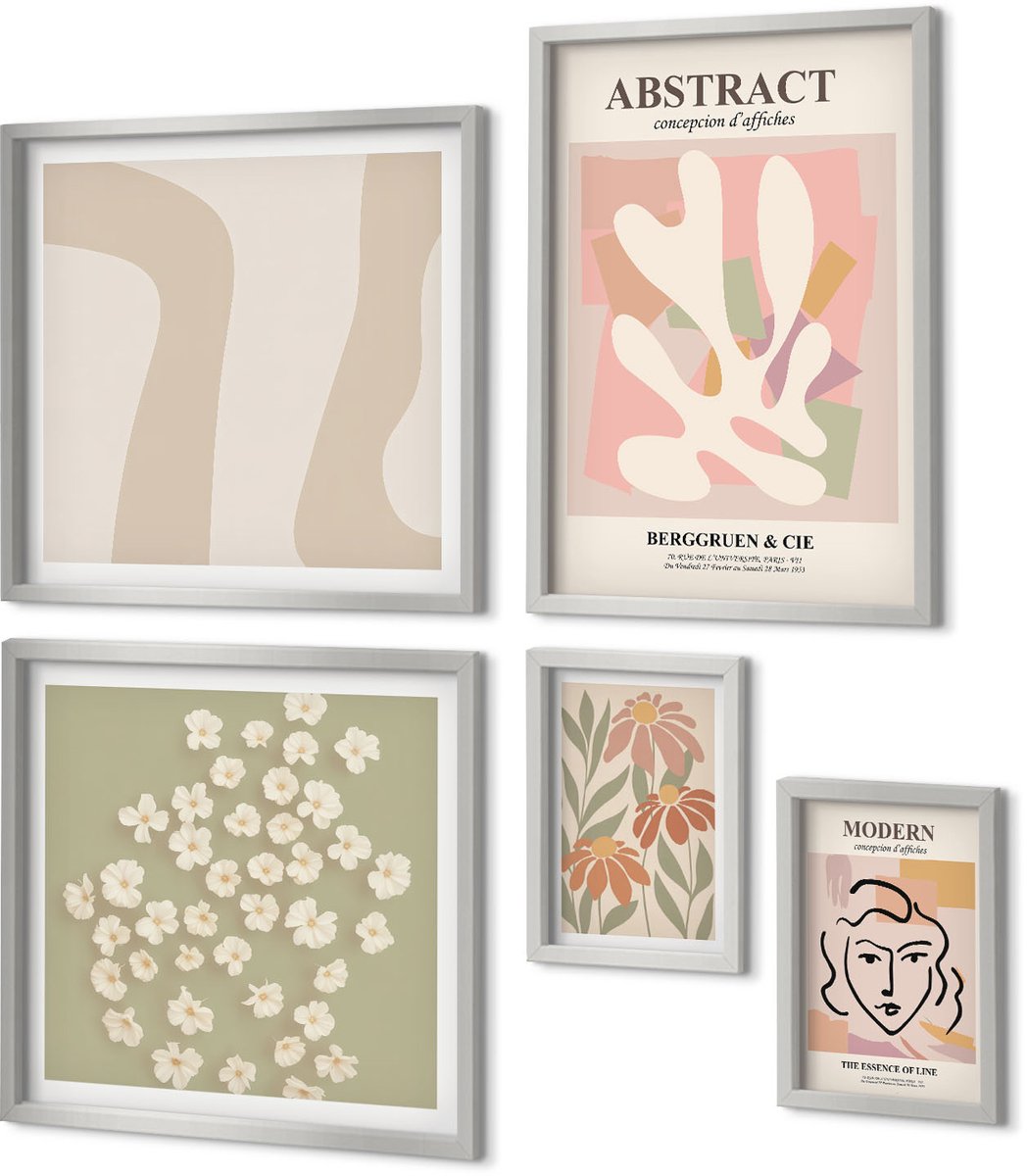Coloray 5-Delige Schilderij Set - Plantenpatronen In Tinten Groen En Grijs - 20 x 30 cm - Wanddecoratie - Muurdecoratie - Woonkamer - Stijlvolle Muurdecoratie