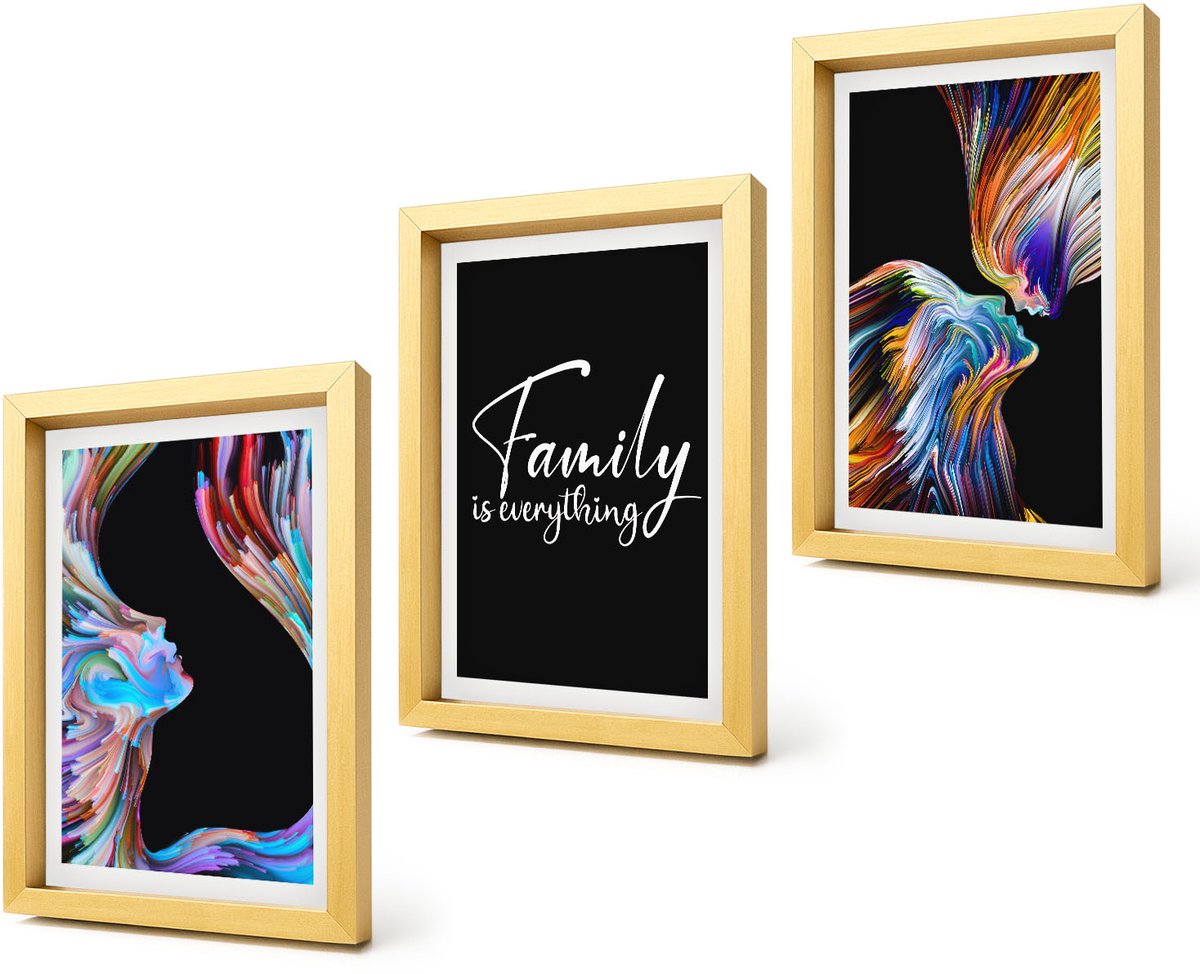 Coloray 4-Delige Schilderij Set - Portretten van mensen in kleurrijke patronen en een opschrift over familie. - 20 x 30 cm - Decoratieve Schilderijen - Woonkamer - Interieur - Woonkamer Decoratie