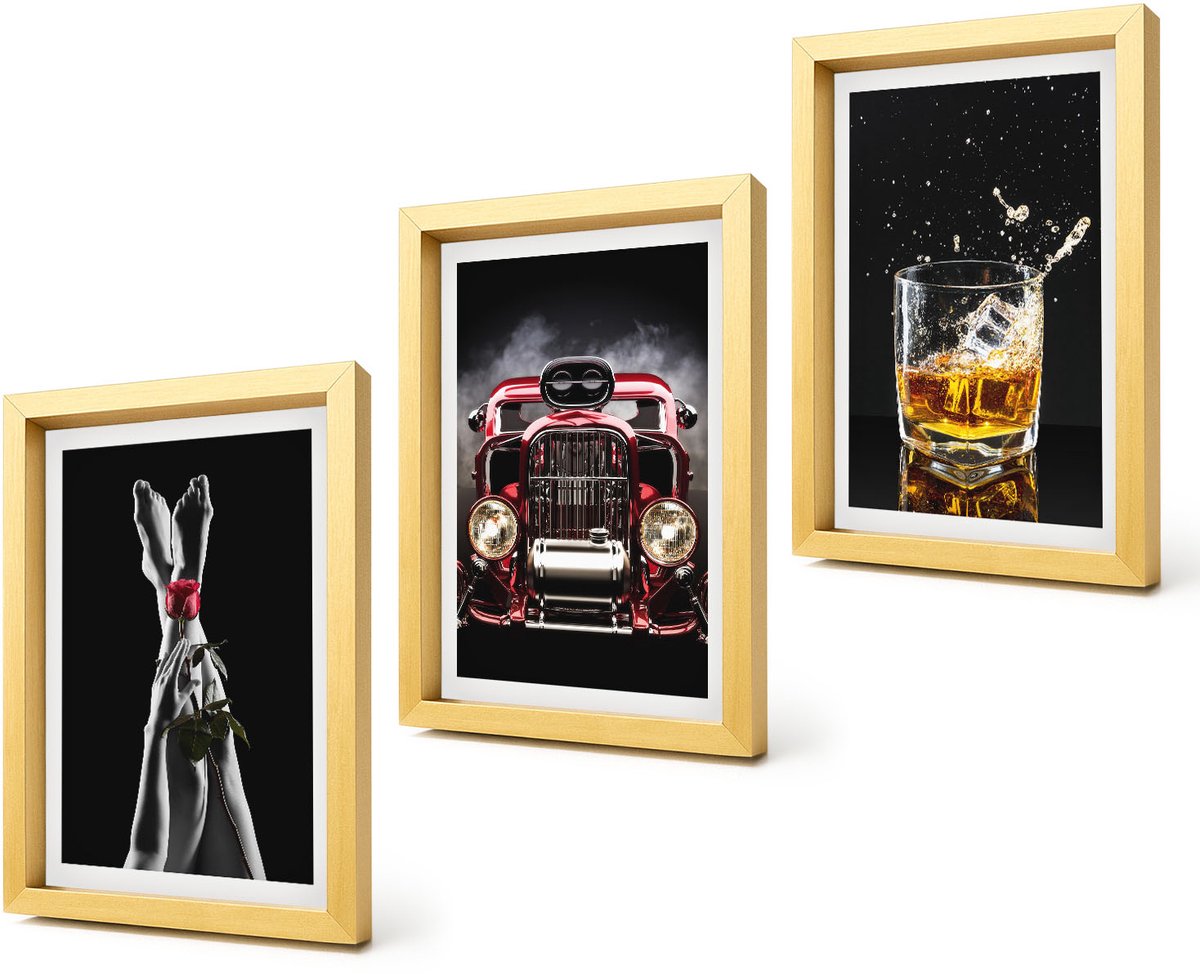 Coloray 4-Delige Schilderij Set - Vrouwenbenen met roos, oude auto, glas whisky - 20 x 30 cm - Stijlvolle Muurdecoratie - Slaapkamer - Decoratieve Schilderijen