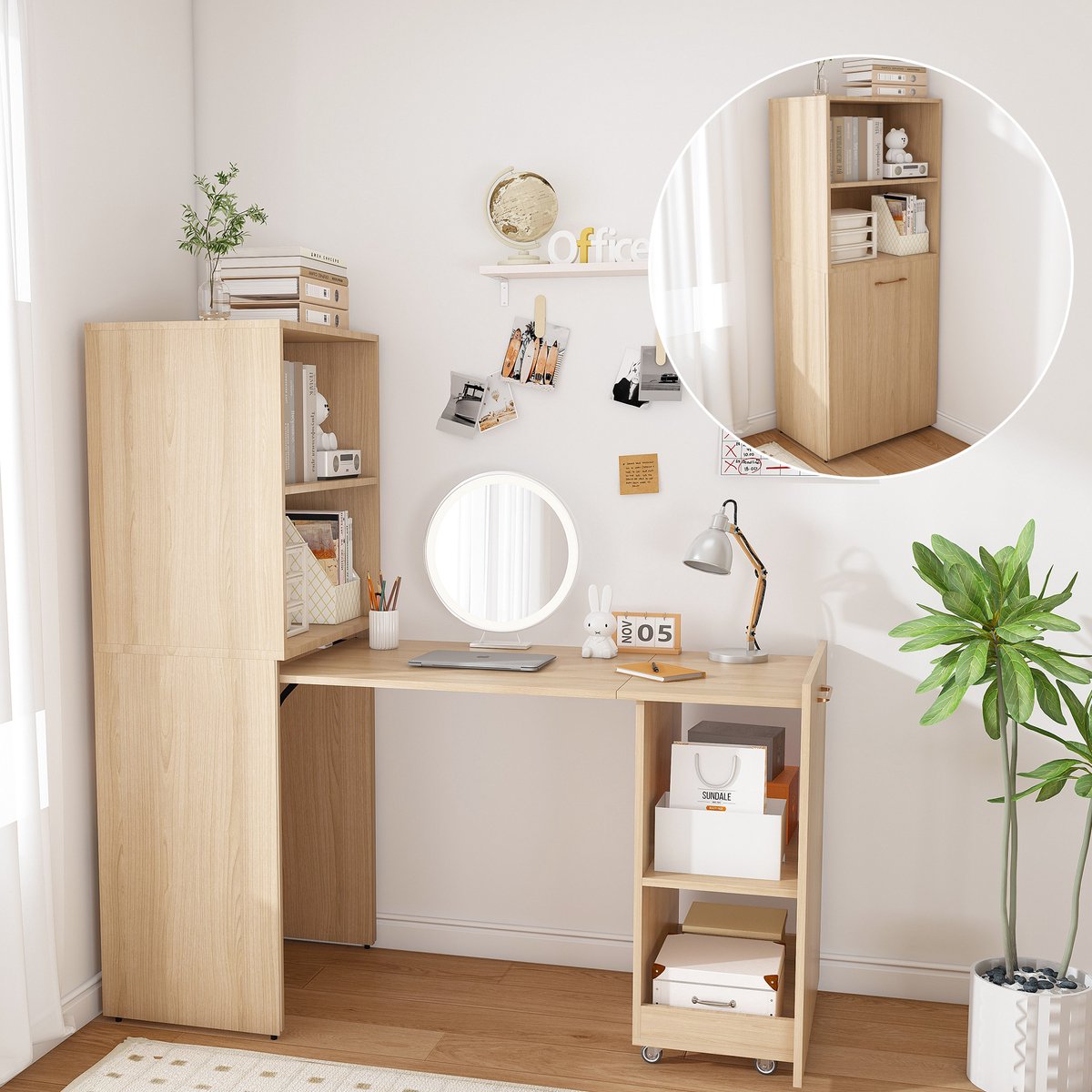 MIVRAY Bureau - Uitschuifbaar Opbergmeubel Met Verstelbare Planken En Zwenkwielen - Ruimtebesparend Voor Slaapkamer En Werkkamer - MDF - Naturel Hout
