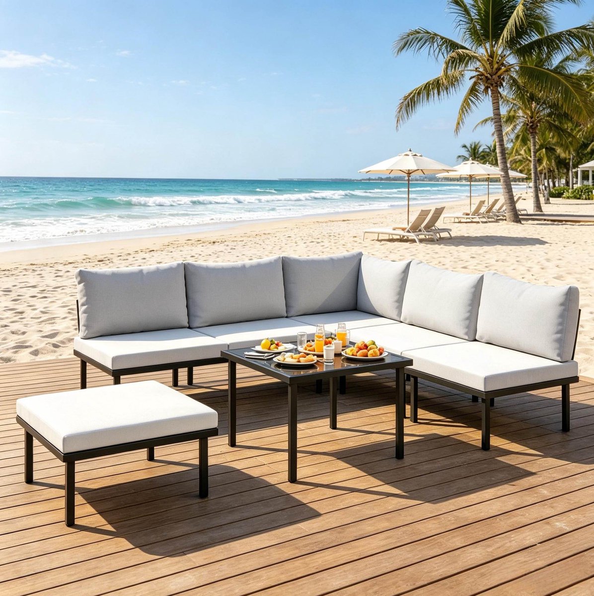 FloraGrace Hoek Loungeset 6-Zits - Modulaire Outdoor Hoekbank Met Kussens, Salontafel En Voetenbank - Voor Tuin En Terras - Metaal - Lichtgrijs/Zwart