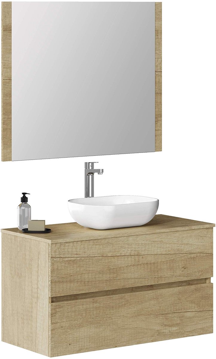 Baikal Badkamer Onyx, 2 laden, wandmontage, met keramische wastafel, gemonteerd, melamine 16, meubels F46 + top + - ShopVlot