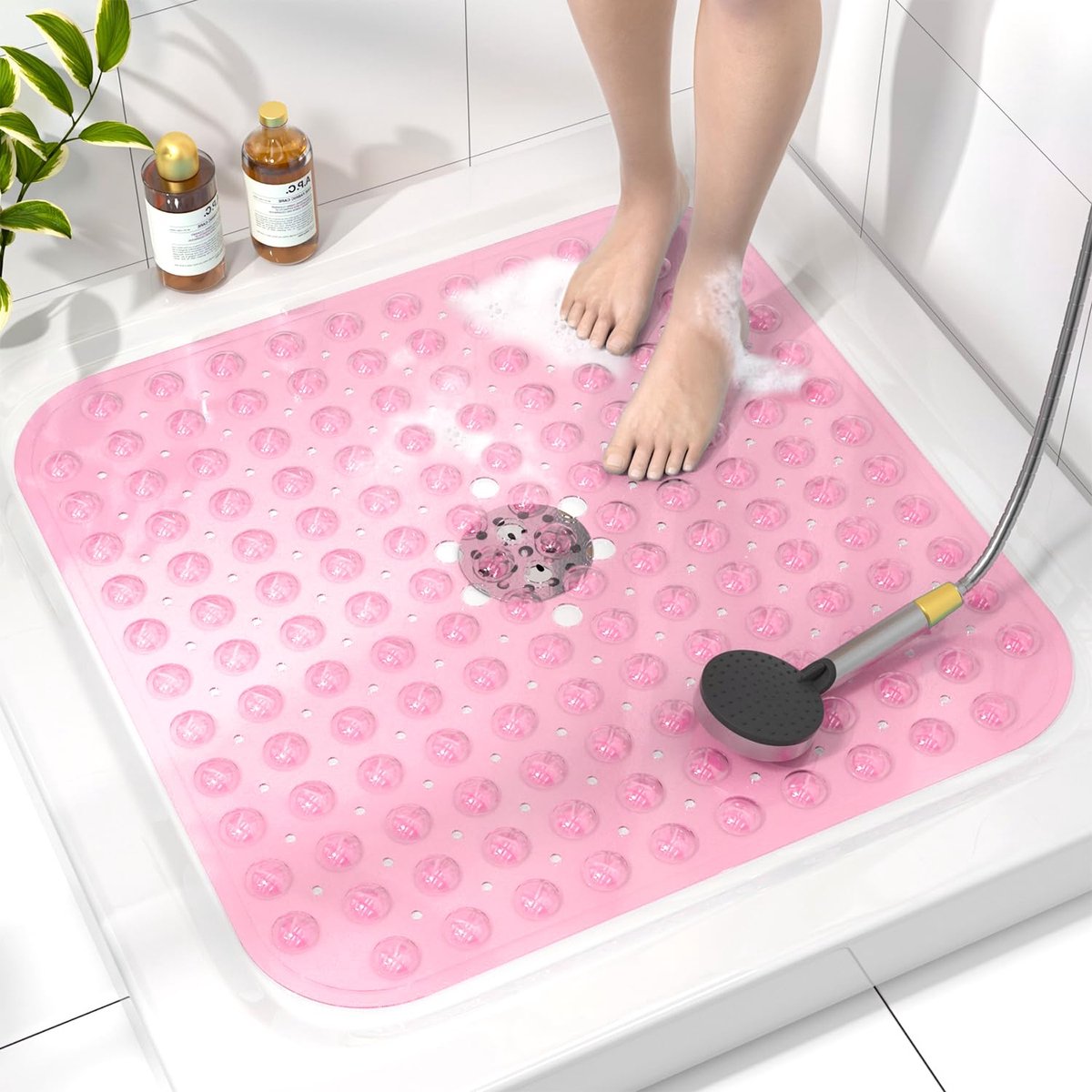 Famanu – Antislip douchemat van 53 x 53 cm met zuignappen, machinewasbaar, BPA-vrij, zacht aan de voeten, roze, ideaal voor in de badkamer