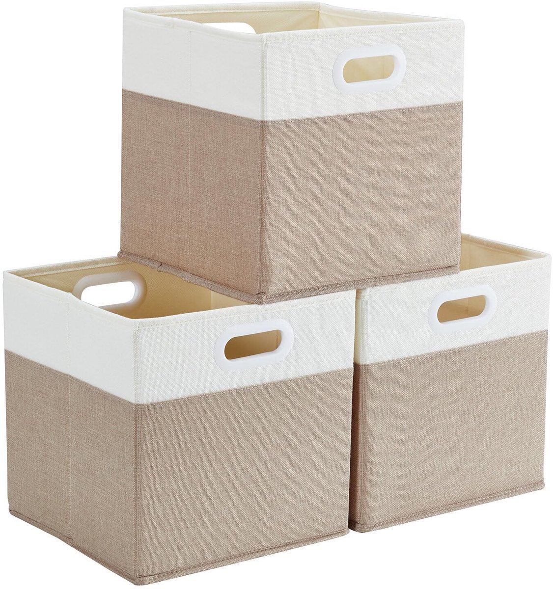 Famanu – Cube opbergdozen van 33x38x33 cm, grote stoffen opbergmanden voor kleding, speelgoed en meer, licht khaki/crème wit, set van 3 stuks