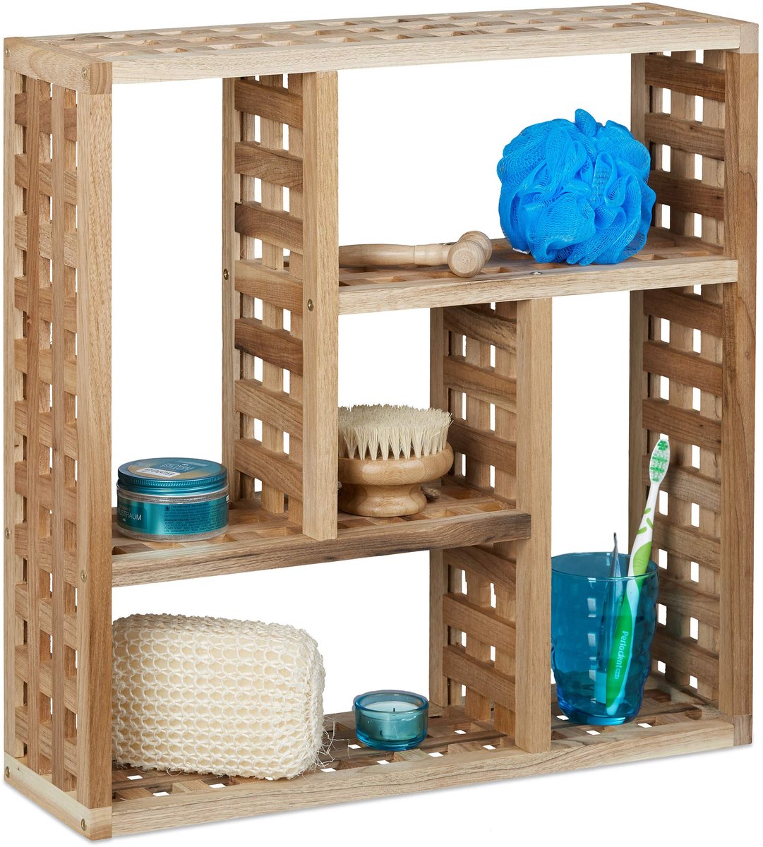 Famanu – Wandrek van walnotenhout met 5 vakken, voor badkamer of woonkamer, 50 x 50 x 15 cm, natuurlijk ontwerp