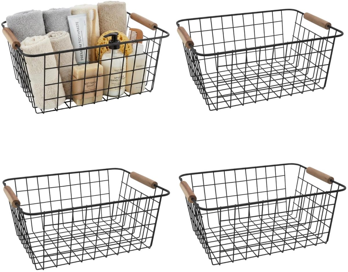 Gerimport Industriele draadmand / opbergmand - 4x - zwart - metaal - 32 x 25 x 14 cm - Keuken - kast - sokken -kleding - mandjes - 11 liter