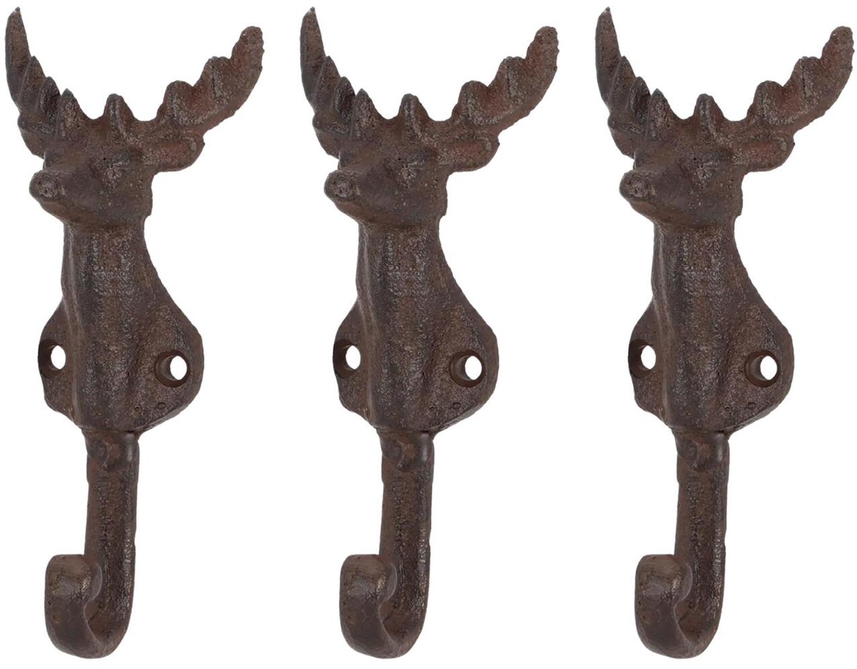 Esschert Design Muurhaak Hert - 3x - gietijzer - wandhaak - hertenkop - 13,7 cm