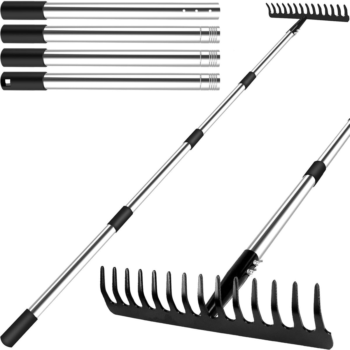 Tuinharkjes klein - Metaal - 153 cm - Roestvrijstalen Steel - Tuinhark voor Nivelleren en Opruimen
