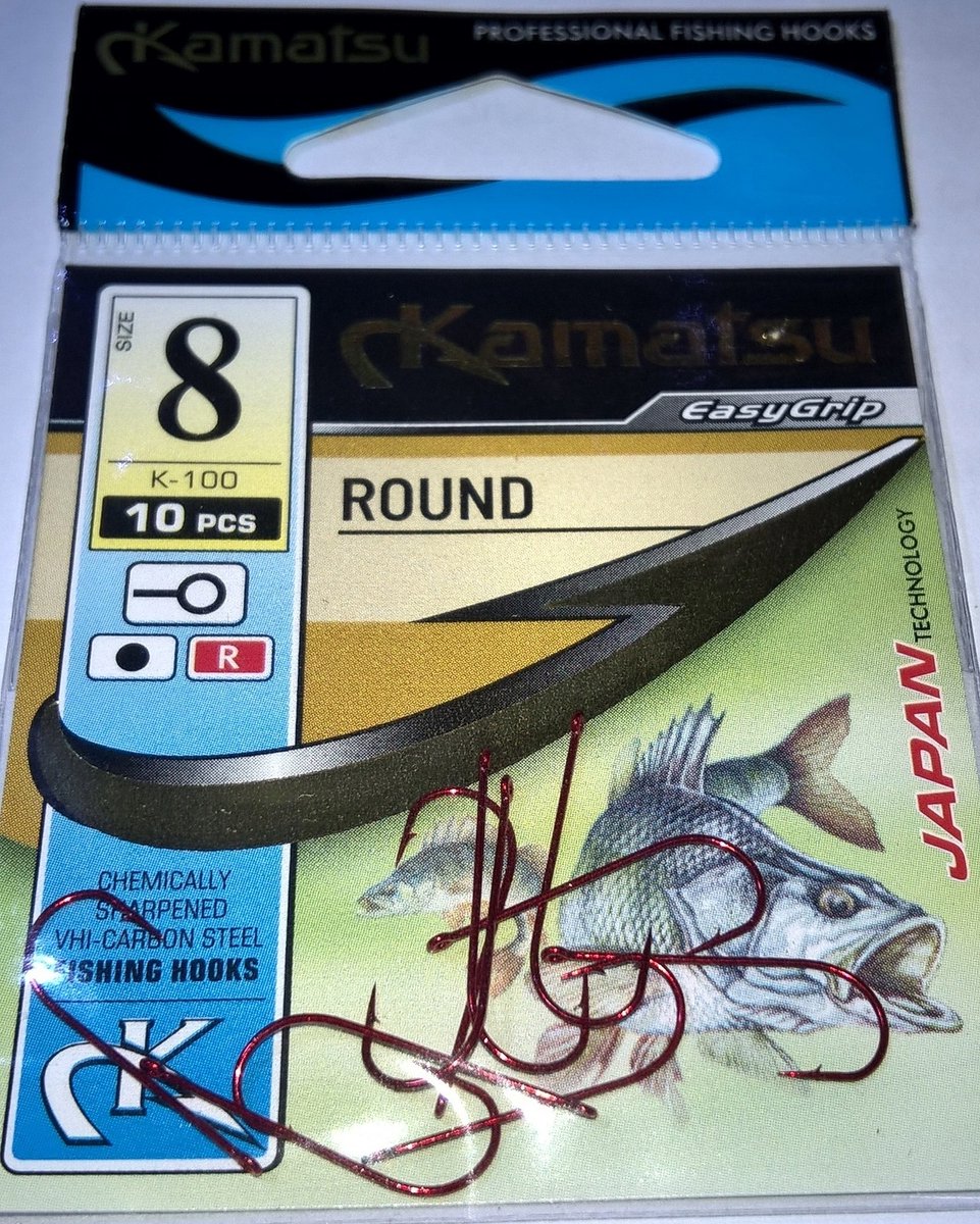 Kamatsu ROUND K-100 Haak Maat 8 Rood met Oog - 10 Stuks