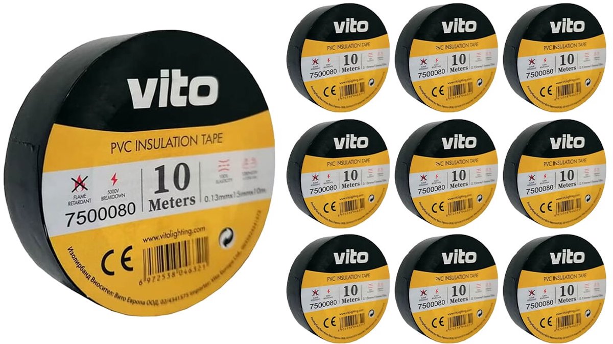 VITO Isolatietape 10 meter - Brandvertragend - Elektrische Isolatietape PVC Tape - Zwart - 10 stuks