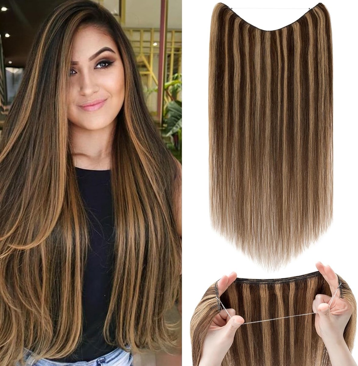 Haarextensions met Onzichtbare Draad 40 cm - 100% Echte Haar - Medium Bruin en Donkerblond - Geen Schade aan Eigen Haar - ShopVlot