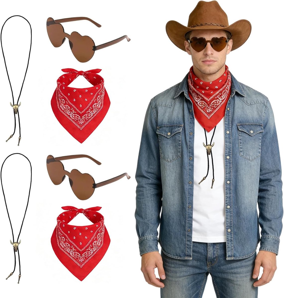 6-delige Cowboy Kostuum Accessoires Set met Paisley Bandana, Hartvormige Zonnebril en Stierenkop Ketting voor Halloween, Carnaval en Wild West Feestjes