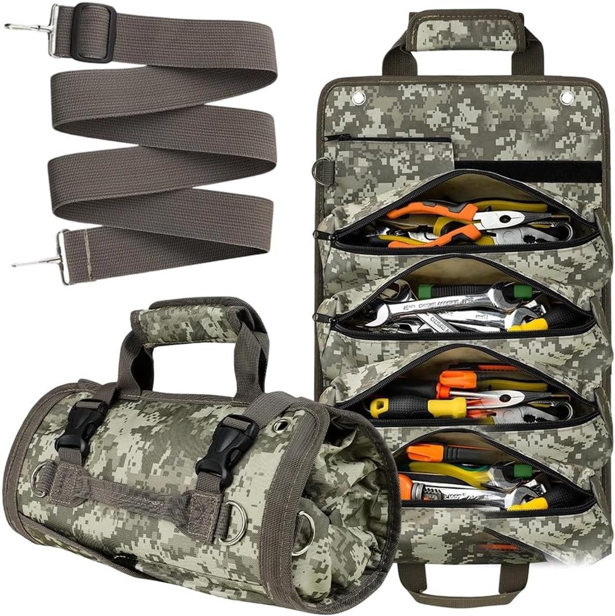 Robuuste Roll Up Tool Bag met 12 Compartimenten, Waterdicht en Ideaal als Cadeau voor Mannen en Vakmensen, Perfect voor Verjaardagen en Klussen