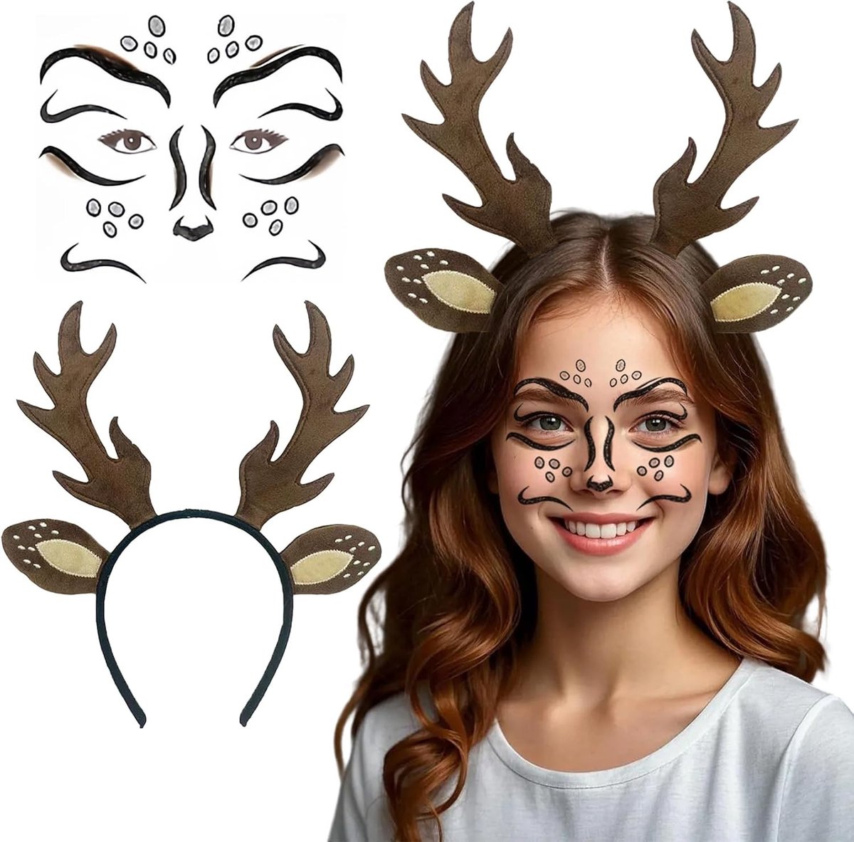 Antler Hoofdband Kostuum met Herten Gezicht Tatoeage, Bruine Hoorns en Oren voor Halloween, Carnaval en Feestjes