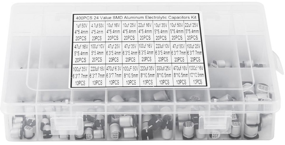 Assortiment van 400 SMD aluminium elektrolytische condensatoren met opslagdoos, 1uF-1000uF 6.3V-50V, ideaal voor elektronica en reparaties