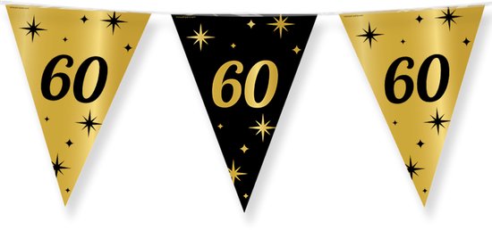 Gouden driehoekige vlaggetjes met zwarte '60' en sterren, aan een koord.