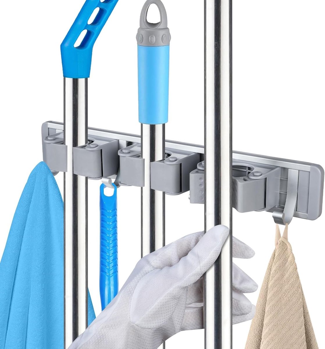 Broom Holder Wandbevestiging met 3 Houder en 4 Haken, Organizer voor Huishouden, Keuken en Tuin