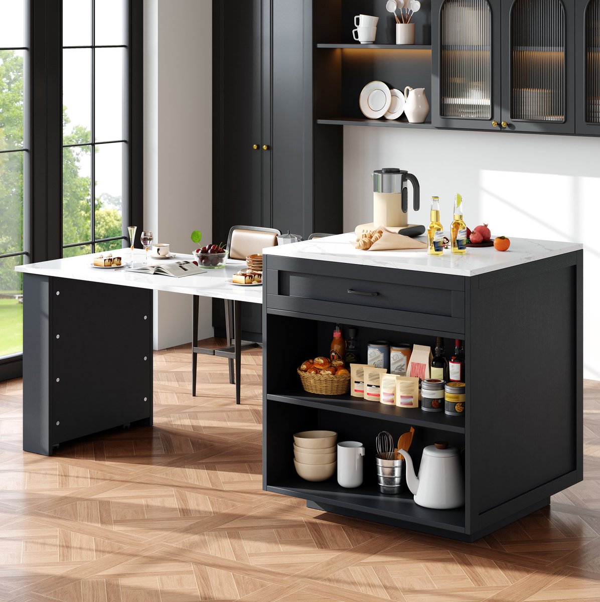 MEUNIQ Uitschuifbare bartafel 133-202 x 70 x 93,5 cm met opbergruimte, 2 lades, open vakken en zijvakken, keuken eilandtafel voor 2-6 personen, zwart