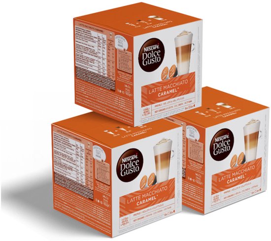 Drie verpakkingen Nescafé Dolce Gusto Latte Macchiato Caramel, met op de voorkant een glas koffie.