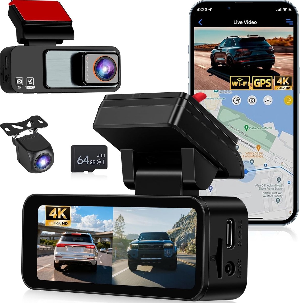 Dual Dashcam - IPS Scherm - Ultra HD 4K Voorkant - 1080P Achterkant - Voor Auto's