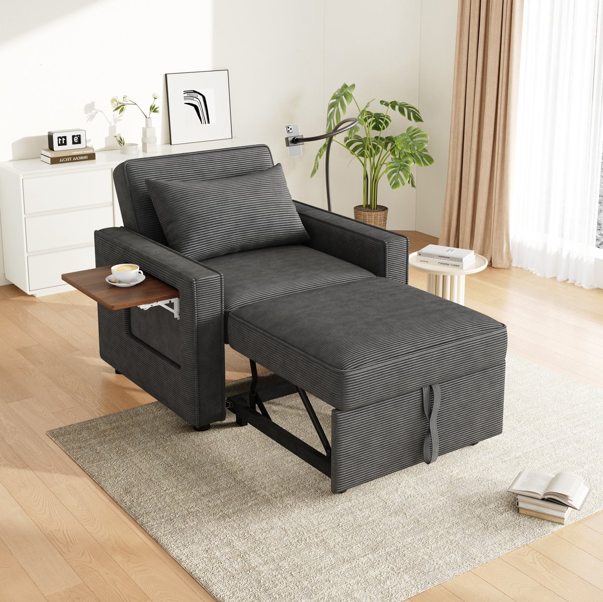 DESMIU Relaxfauteuil 93 x 150 x 85 cm - Opvouwbare Slaapfauteuil Met USB En Telefoonhouder - Voor Woonkamer En Slaapkamer - Cordstof Grijs
