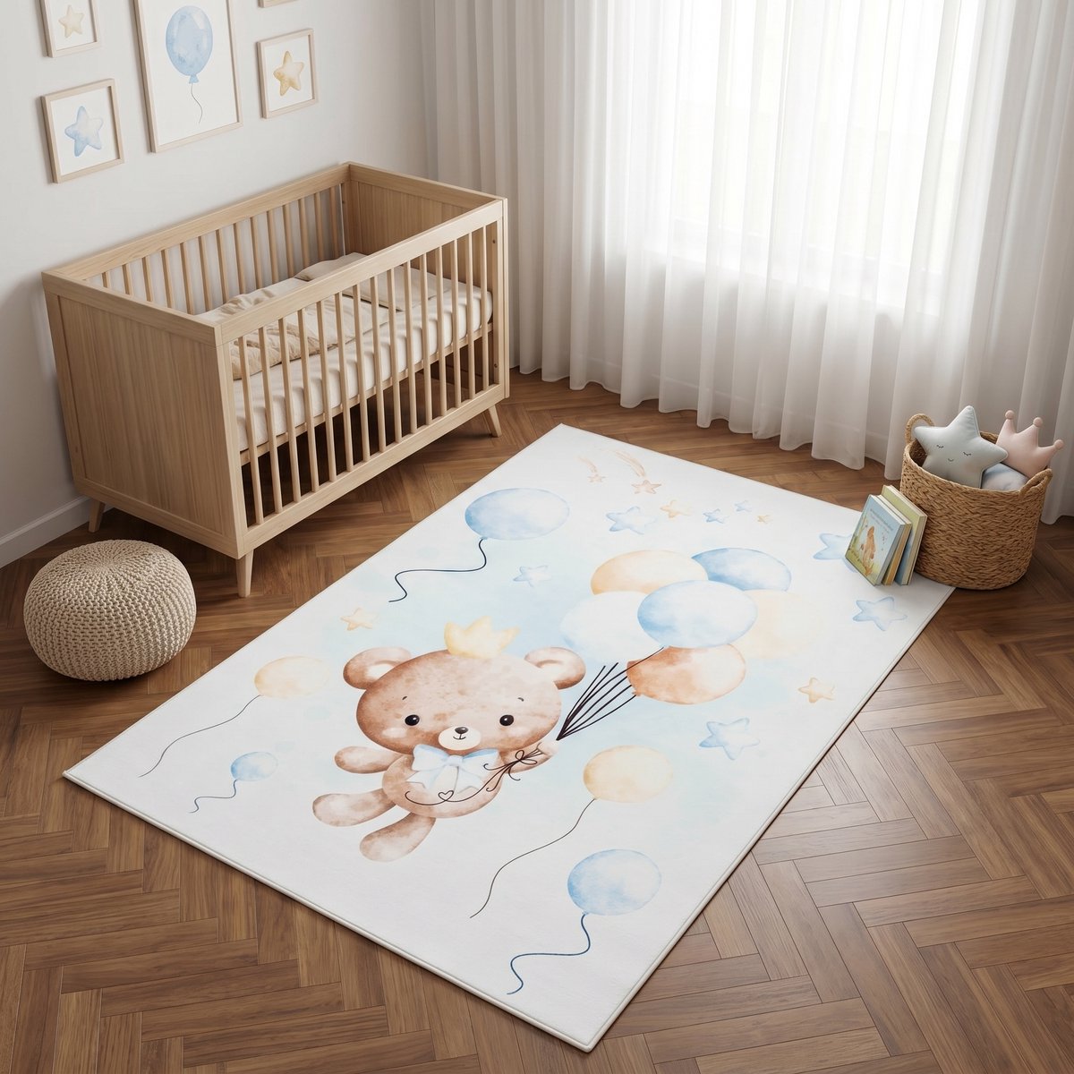 Tapiso Kids Kindervloerkleed Teddybeer Ballonnen Kroon – Zacht Babykamertapijt Blauw Beige