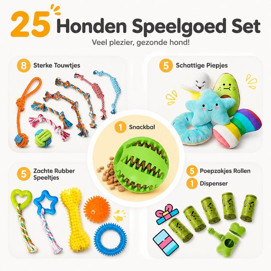 Overzicht van 25-delige honden speelgoed set met touwen, knuffels, rubber en dispensers.