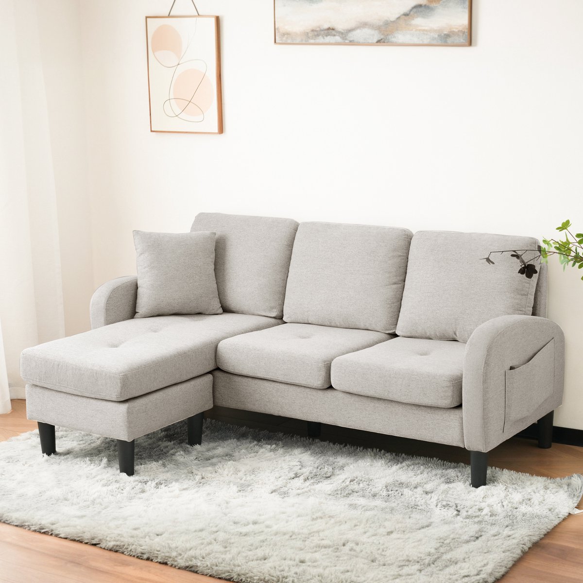 DESMIU Hoekbank 166 x 118 x 77 Cm - Modulaire 3-Zits Met Verplaatsbare Chaise Longue - Voor Woonkamer En Kantoor - Katoen Linnen Beige Grijs Wit