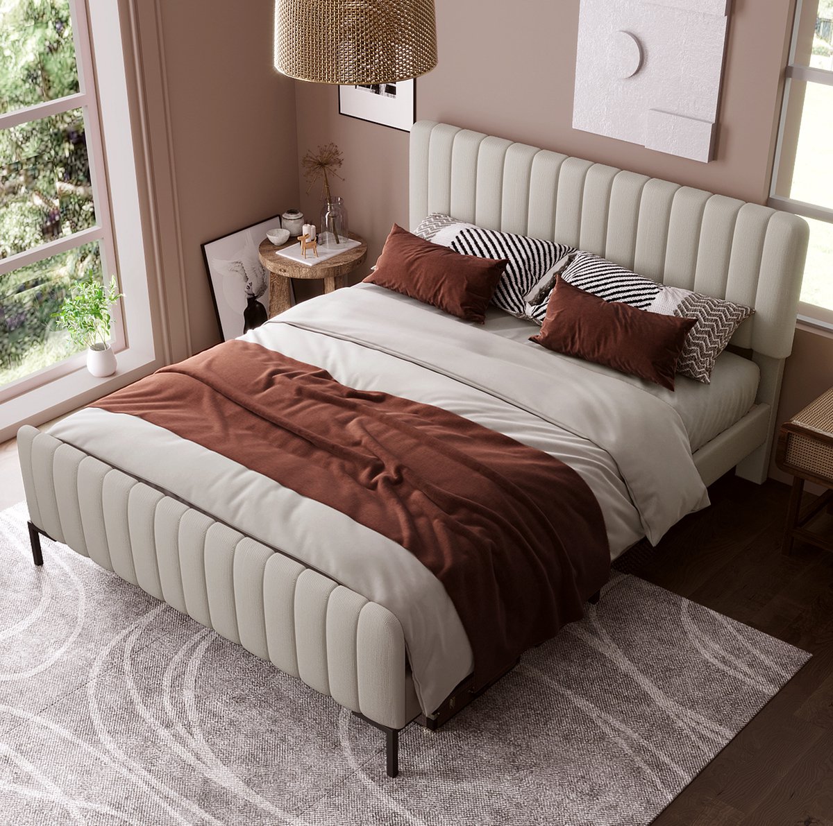 MIVRAY Gestoffeerd Bed 180x200 cm - Tweepersoonsbed met Verstelbaar Hoofdbord en Lattenbodem - Zonder Matras - Linnen - Grijs-Beige