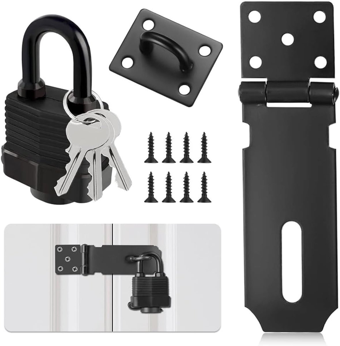 Vergrendelingshaspel van RVS met Hangslot en Schroeven, 12 cm, Veiligheidsoplossing voor Tuin, Schuur, Poort en Kastdeur