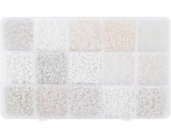 Mix 15 gekleurde glazen rocailles, buiskralen, glazen bugelkralen, losse kit voor het maken van sieraden, doe-het-zelf knutselkralen (mix 15 kleuren, wit)