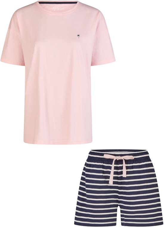 T-shirt rose pâle pour femme à manches courtes et short rayé bleu marine avec un nœud rose.