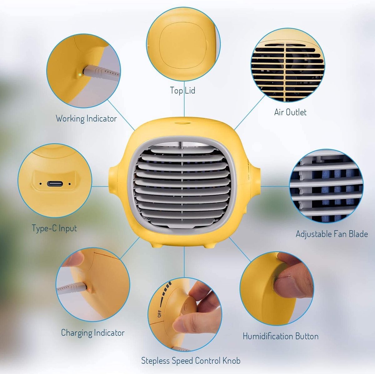 Draagbare luchtkoeler/ventilator met verdampingskoeling – stille bureauventilator, oplaadbaar via USB – foto 5