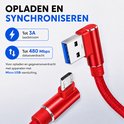 Câble rouge avec connecteurs USB-A et Micro USB à 90 degrés. "CHARGEMENT ET SYNCHRONISATION". Jusqu'à 3A de courant de charge, 480 Mbps de données.