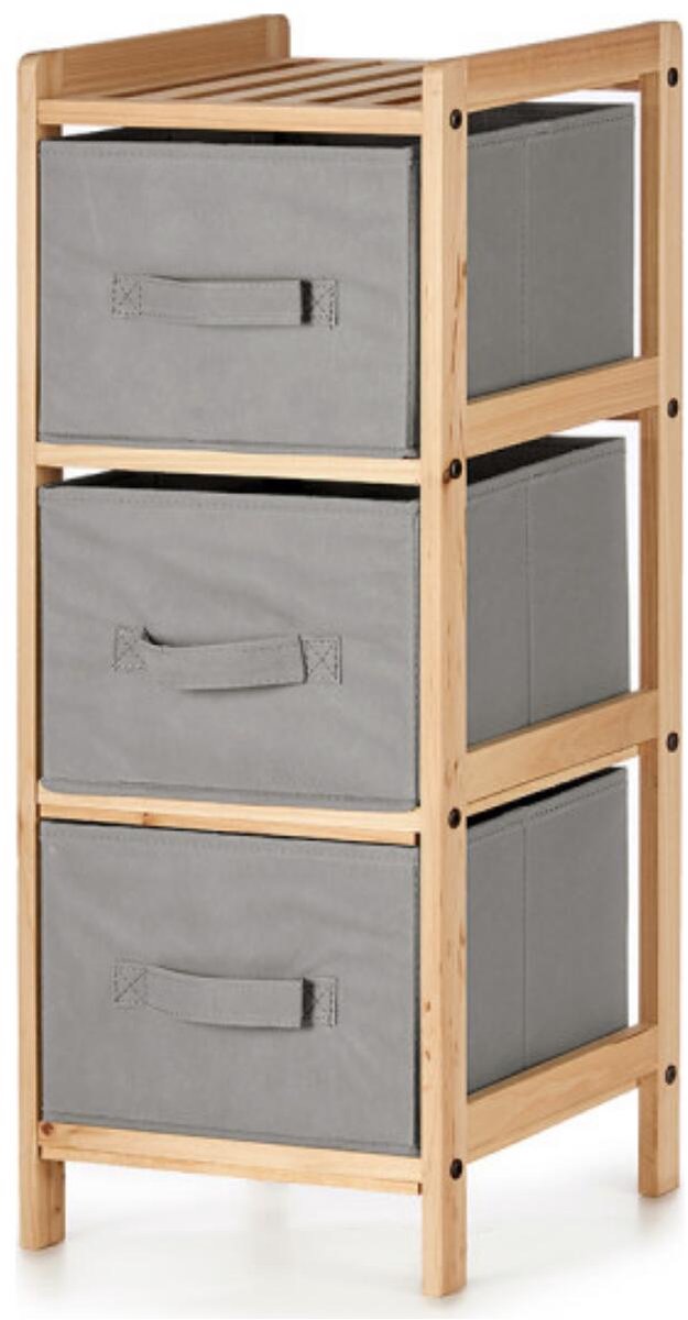 Kipit Opbergkast Bamboe - 3 mandjes - grijs - 29 x 26 x 70 cm - hout/stof - opbergen