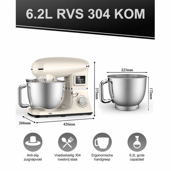 SHANNA Digitale Keukenmachine - 1600W Zuiver Koper - Standmixer - Bakmachine - 6,2L RVS Mengkom - Met LCD Timer, Deeghaak, Garde en Complete Bakaccessoires - Crèmewit — afbeelding 4