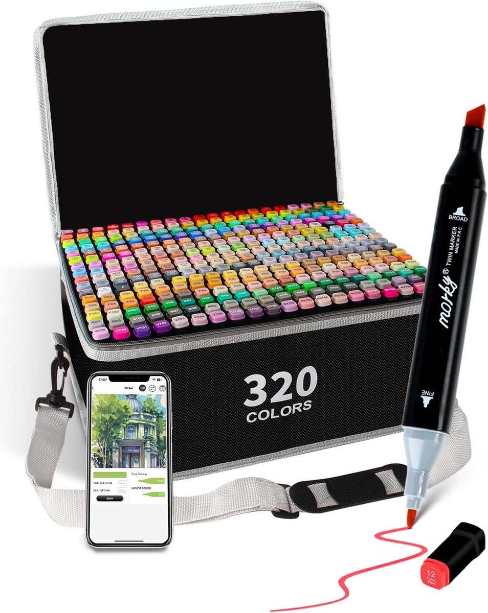 Alcohol Marker Set - 320 Kleuren - Dubbele Punt (Beitel en Fijn) - Met Kleurensynchronisatie App - Voor Volwassenen