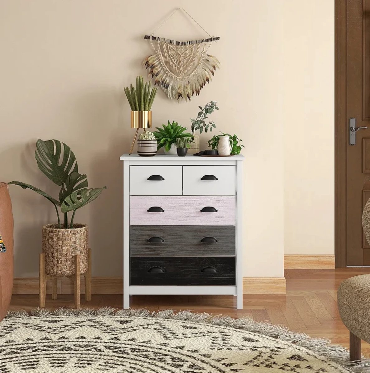 MEUNIQ Kommode met 5 lades 70 x 38 x 85 cm met kantelbeveiliging en bovenblad tot 20 kg, opbergkast voor slaapkamer of woonkamer, wit
