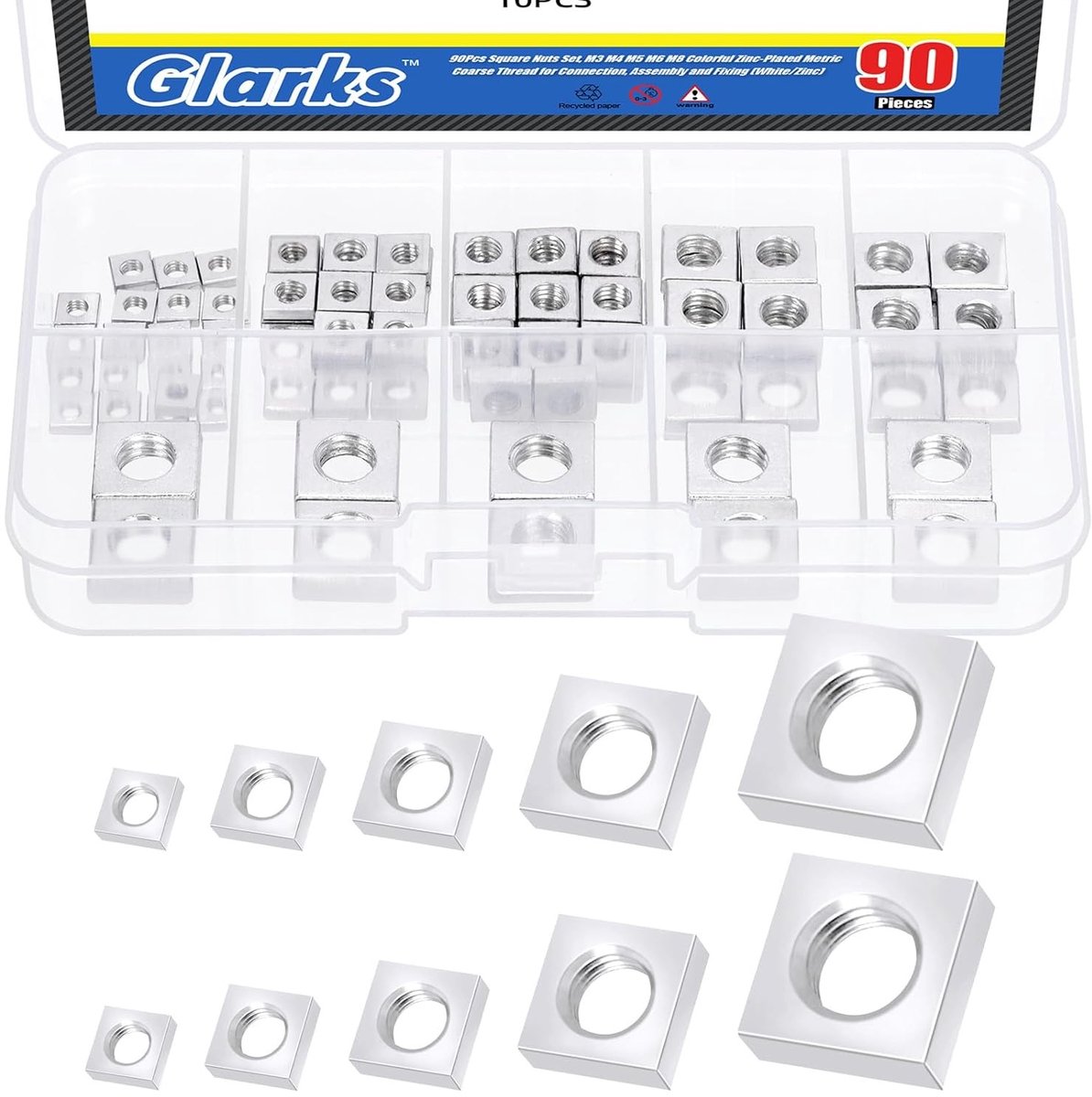 90-delige set koolstofstalen vierkante moeren in diverse maten inclusief wit verzinkt - M3, M4, M5, M6, M8 - metrische grove schroefdraad assortiment kit